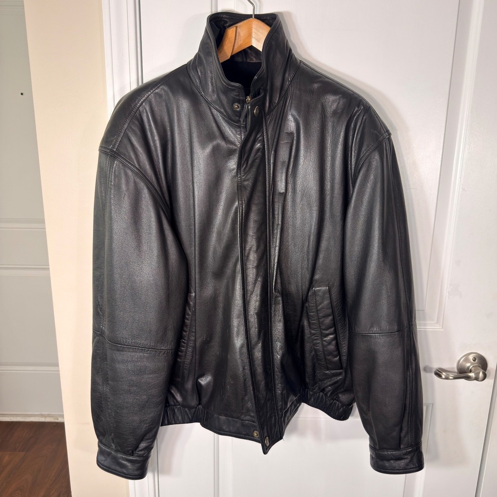 John Ashford Leather Bomber Jacket Black Vintage Workwear Full Zip Mens XL